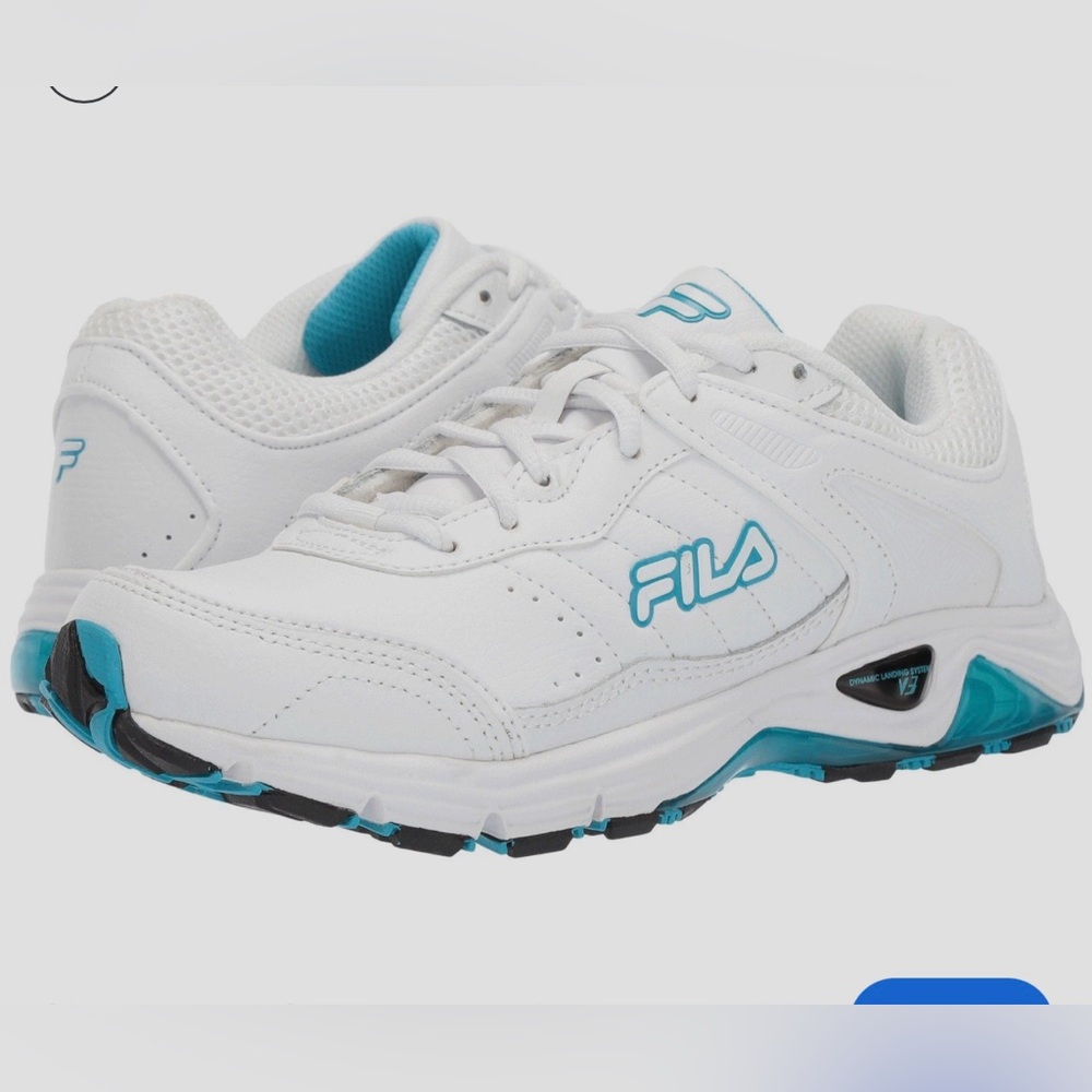 NIB- Women’s FILA White Sneakers with Blue Highlights. Size 7 wide